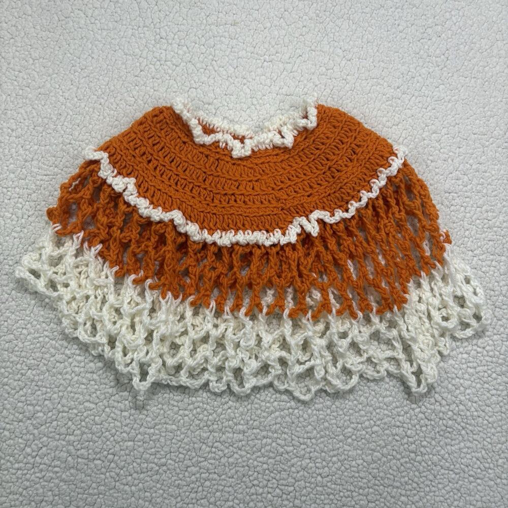 Vintage Handmade Girls Poncho Crochet Open Knit Kids Orange White Boho 70s 80s